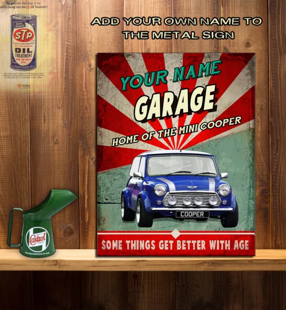 PERSONALISIERTES MINI COOPER BLAUE GARAGE Retro Vintage Metall Wandschild RS176