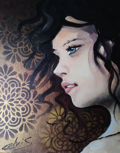 Tableau Peinture Toile Portrait Femme Brune Sexy Contemporain  Signé Chrisk