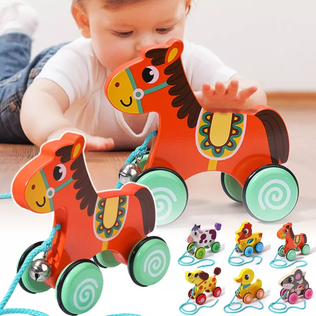 Wooden Pull Along Animals Toy Car Rat Dog Chicken Horse Cattle Duck for Toddler