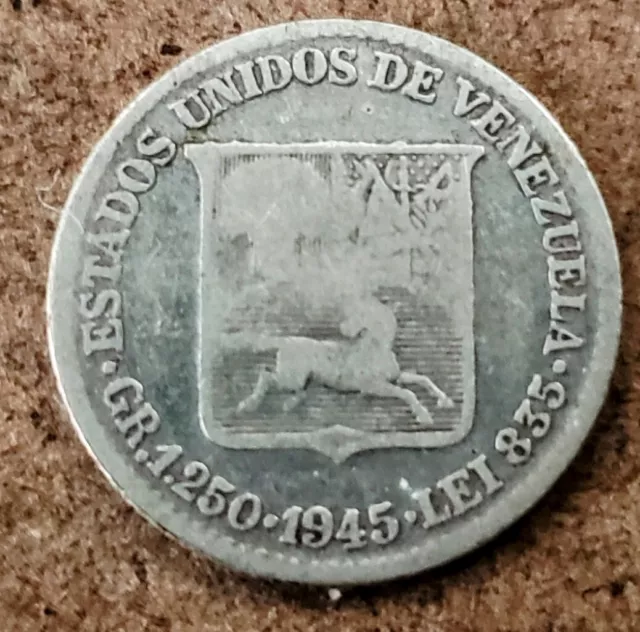 SILVER - WORLD Coin - 1945 Venezuela 2 Bolivares - World Silver Coin BEAUTIFUL