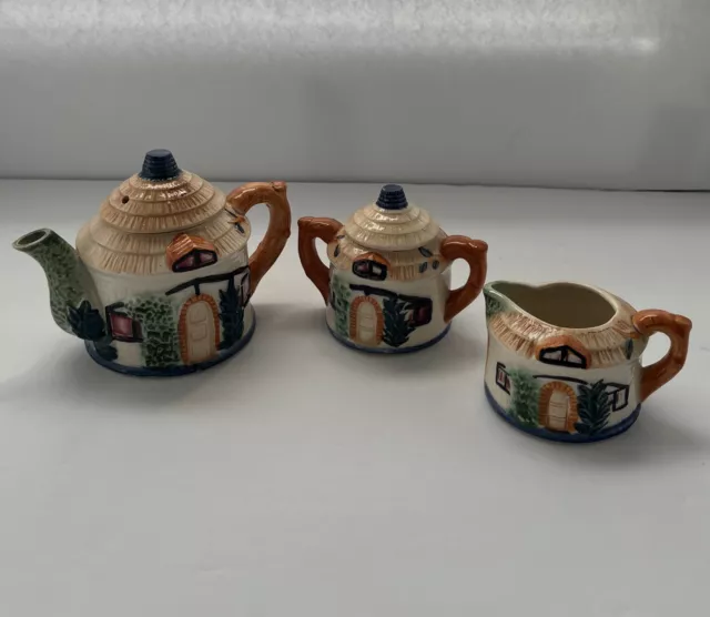 Vintage Cottage Ware Tea Set, 3 Piece Set, Teapot, Lidded Sugar, Creamer Japan