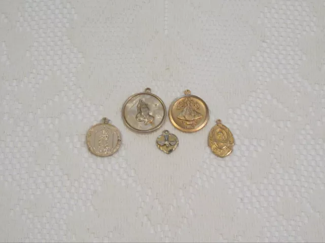 Vintage Gold Religious Praying Hands Sacred Heart Medal Charms Lot 5pc