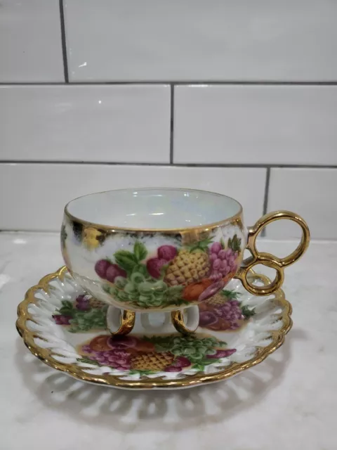 Royal Sealy Iridescent Footed Tea Cup & Saucer Gold And Fruit vintage TeaCup