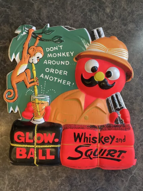 Vintage 1961 Squirt Soda Pop Glow Ball Whiskey Vacuform 3-D Sign Shotgun Monkey