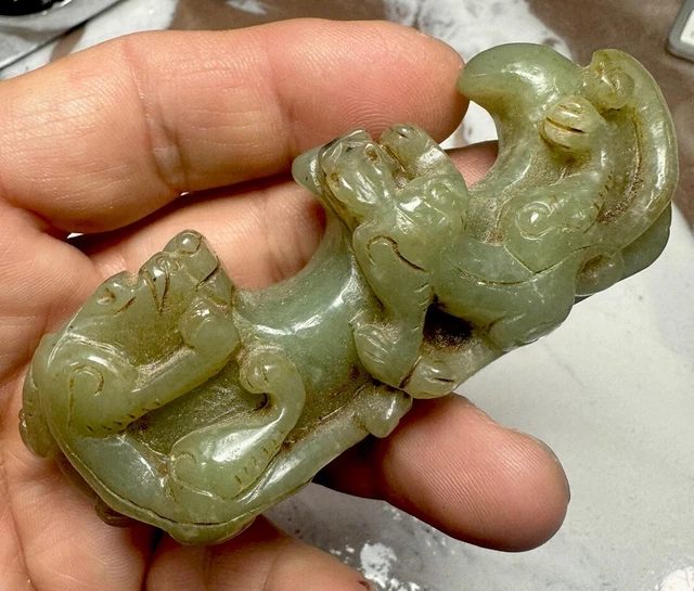 Superb Chinese Celadon Jade Hand Made of a Beast 4" Wide 129 Grams