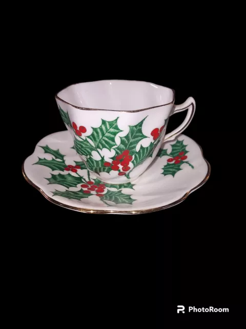 Vintage Rosina Fine Bone China Cup and Saucer Holly Berries Christmas Holidays