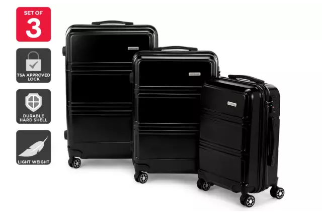 Orbis 3 Piece Kuredu Spinner Luggage Suitcase Set (Black), Luggage Sets, Sports,