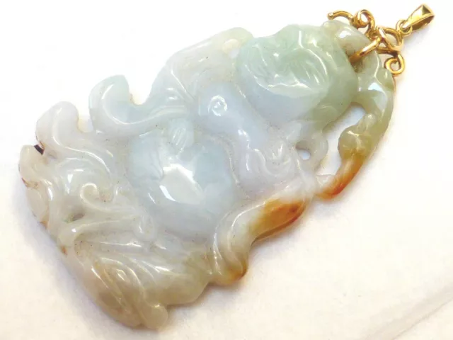 Vintage Chinese Large Hand Carved 3 Color Jade Pendant 14K Gold, 38 Grams