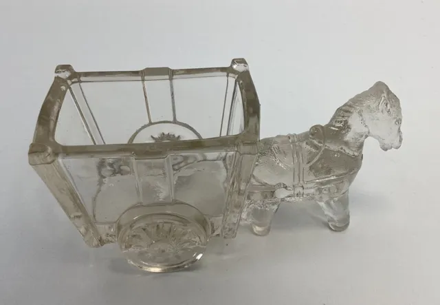 Vintage Clear Glass Candy Dish Container Horse And Wagon Cart