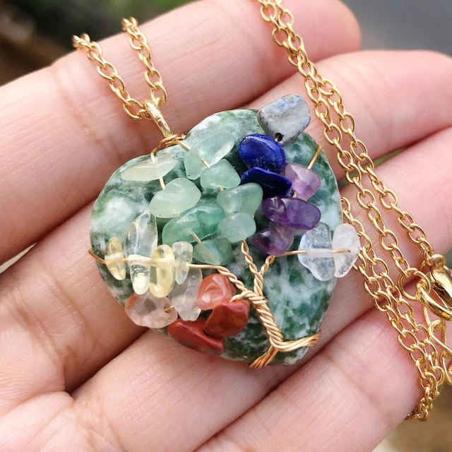 Green Jasper Gem Tree Of Life Water-Drop Necklace Chakra Reiki Healing Amulet