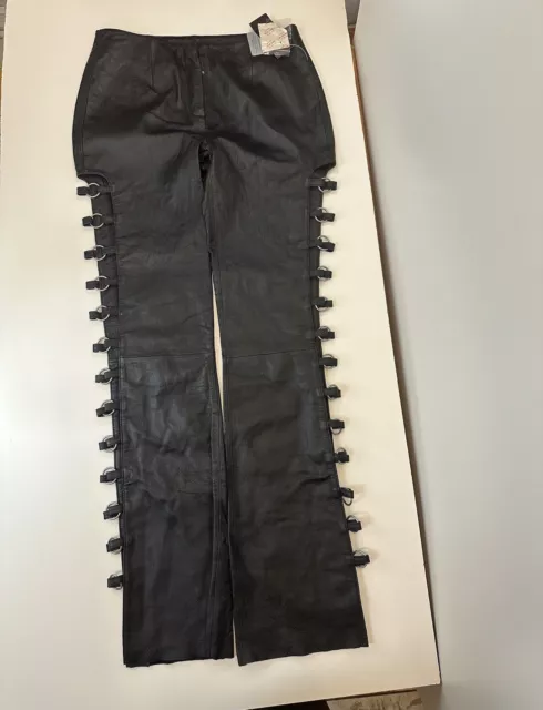Vintage Leather Pants Womens 4 Black Wilsons Maxima Flare Biker Buckle Lace y2k