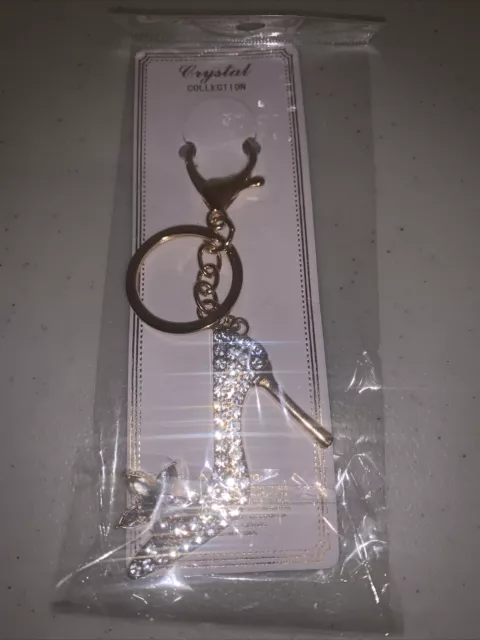 Gold Tone High Heel Shoe Key Chain W/Rhinestones. Keys, Purse, Backpack Decor.