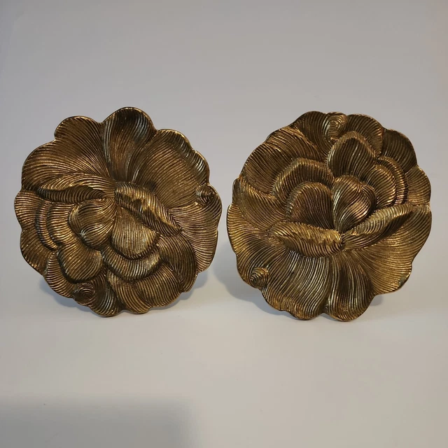 Pair Brass Curtain  Holder Tie Backs 4.5" Round Lotus Flower Pattern India Vtg