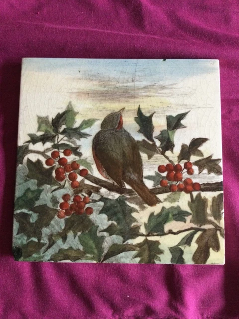 ANTIQUE MINTON PRINTED AND PAINTED TILE WITH ROBIN c.1890 L.T.SWETNAM