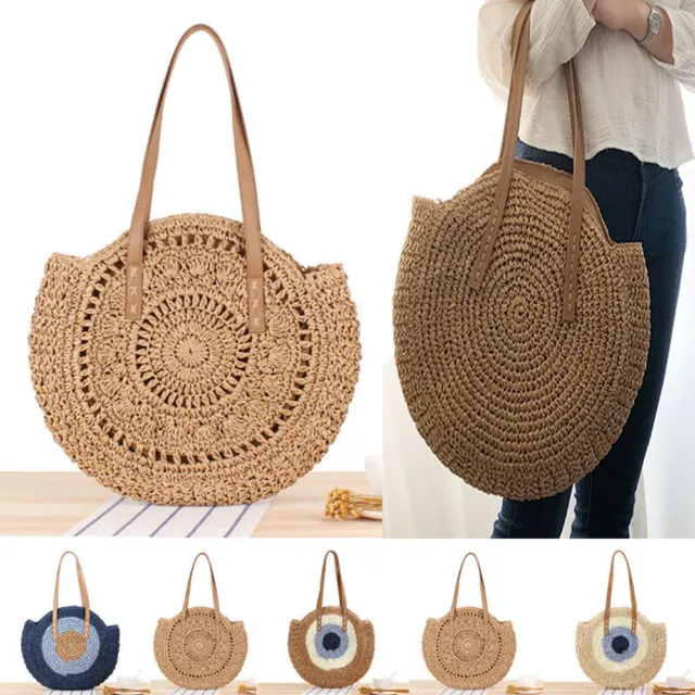 Mujer Boho Tejido Bolso Verano Playa Paja Redondo Rota Hombro Ee. <