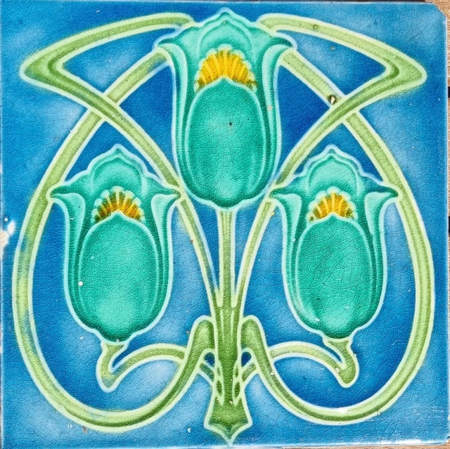 Stunning Antique Art Nouveau 6" x 6" Victorian Tile by Corn Bros circa 1900s