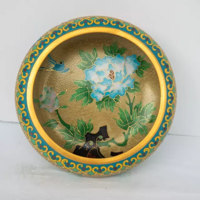 Bird 7" inch Yellow Cloisonne Brush Washer Bowl Flower Flower Cache Pot Oriental