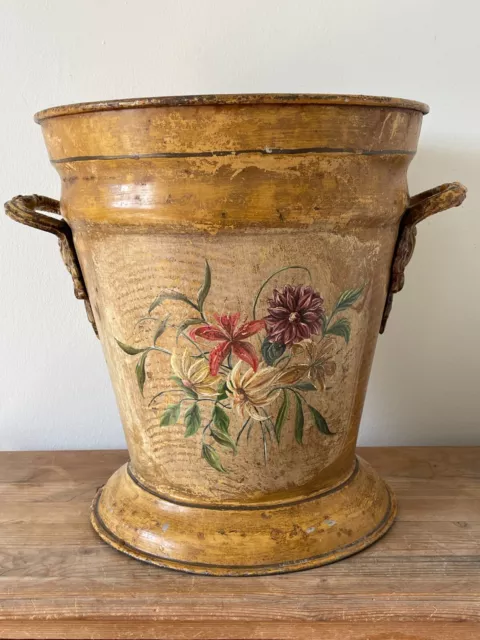 Early 20th Century Toleware Lidded Bucket with Flowers, Office Waste Paper Bin