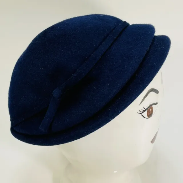 VINTAGE Glenover Henry Pollak Navy Blue Wool Pillbox Hat with Trime & Bow