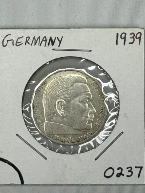 1-WWII  2 Mark German  Silver Coin Third Reich Reichsmark  1939