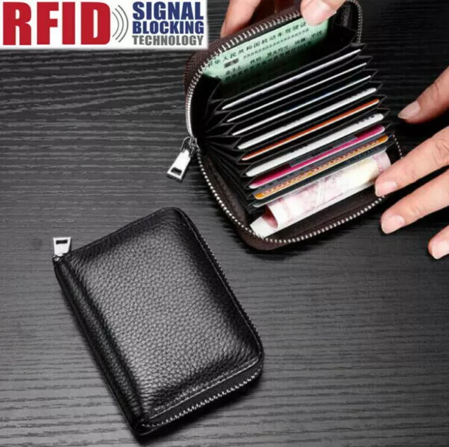 RFID Blocking Wallet Genuine Leather Credit Card Holder Zip Purse Men Women Gift
