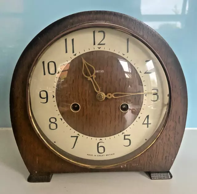 Smiths English Clock 1950 Wood Case Brass Movement Mantle Clock art deco vintage