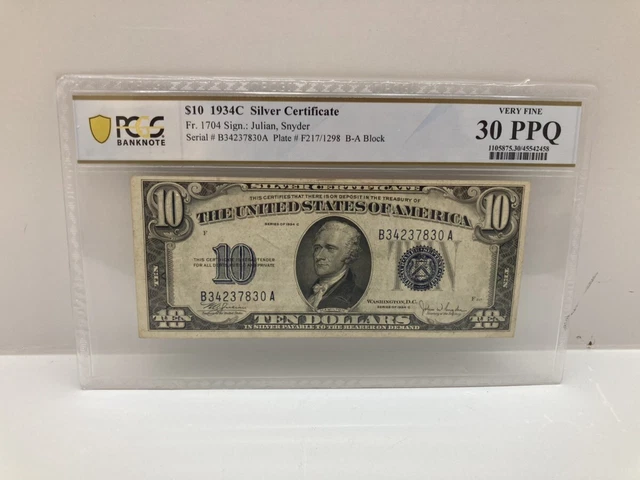 1934C $10 Ten Dollar Silver Certificate PCGS Graded 30 PPQ Very Fine