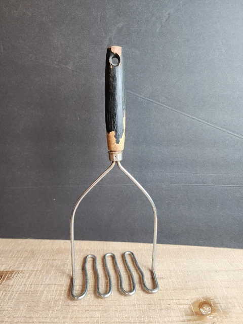 Wood Handle Potato Masher Vintage Kitchen Tool 10 Inch Farmhouse Blk Handle