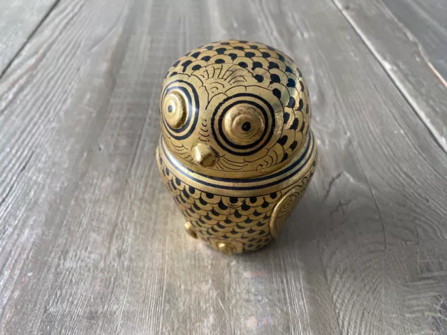 Vtg Burmese Owl Black Gold Lacquer Lidded Trinket Box Art Deco Style Bird Jar