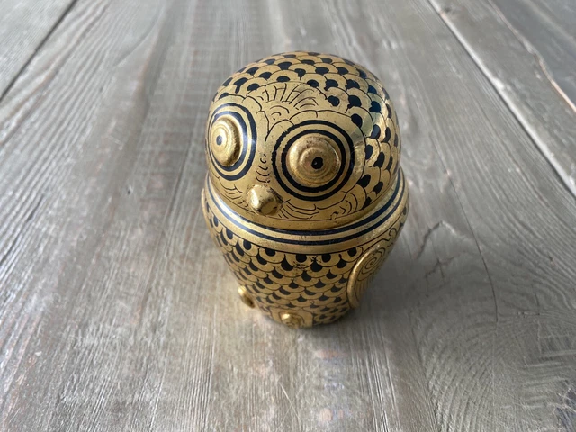 Vtg Burmese Owl Black Gold Lacquer Lidded Trinket Box Art Deco Style Bird Jar