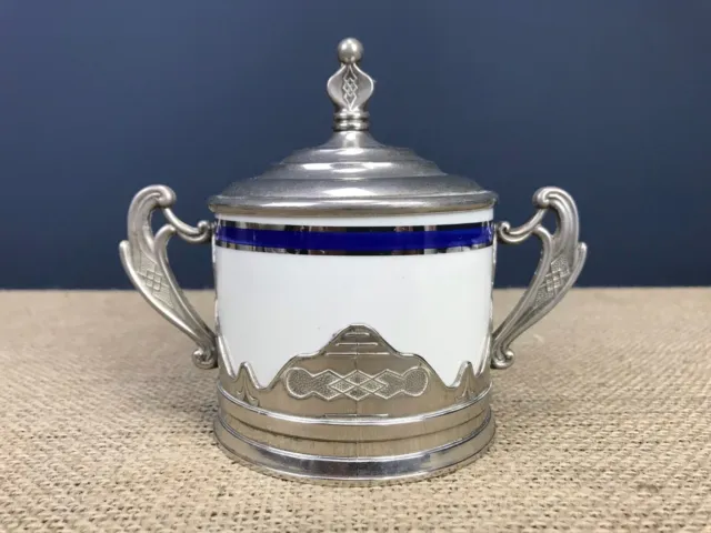 Vintage Weidmann Blue & White Porcelain Twin Handled Pewter Sugar Bowl