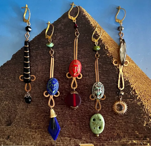 Egyptian Revival, Deco Styled Drop Earrings, 5 Colors, Pharaoh, Czech Glass