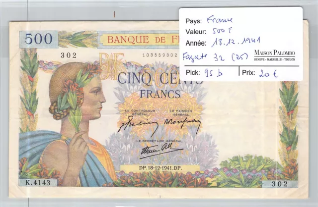 Banconota Francia - 500 Franchi 18/12/1941 - Fayette 32 (25) Pick 95b - N° 302