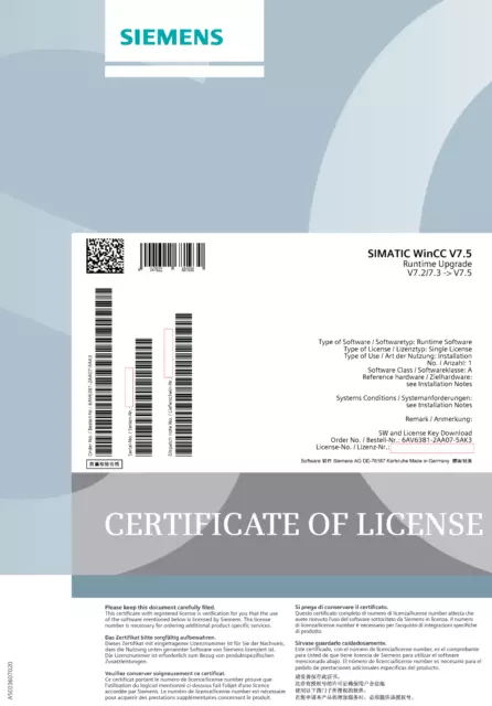 Siemens 6AV63812AA075AK3 6AV63812-AA07-5AK3 license WinCC upgrade to V7.5 SP2
