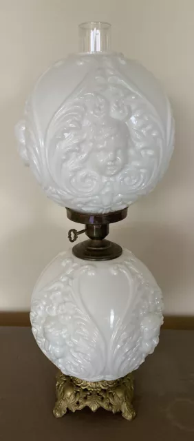 Angel Cherub Face White Glass Gone With The Wind Lamp 27” Tall Antique & Rare