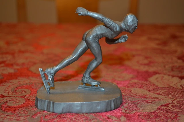 Speed Skating Pewter Figure 1980 Lake Placid Signed Colonial Mint Usa Made  Lqqk