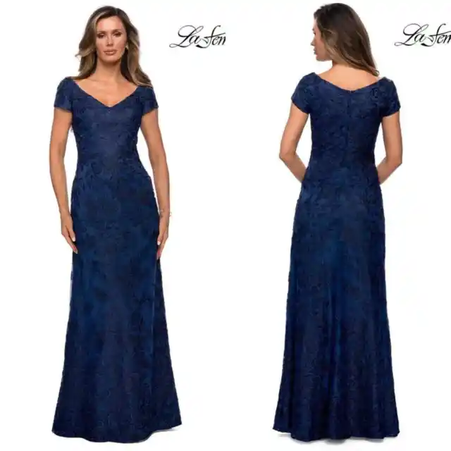 NWOT La Femme Navy Blue with Black Embellished Lace V-Neck Gown, Size 10