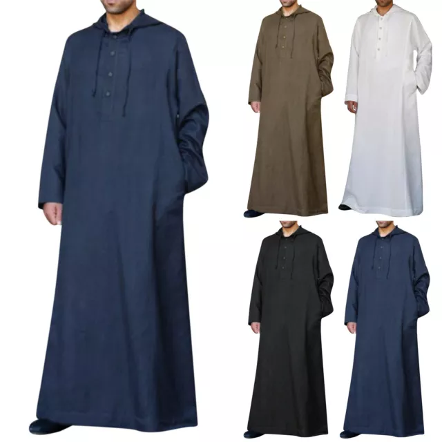 Mens Casual Solid Hooded Muslim Robe Long Sleeve Button Pocket Jubba Thobe