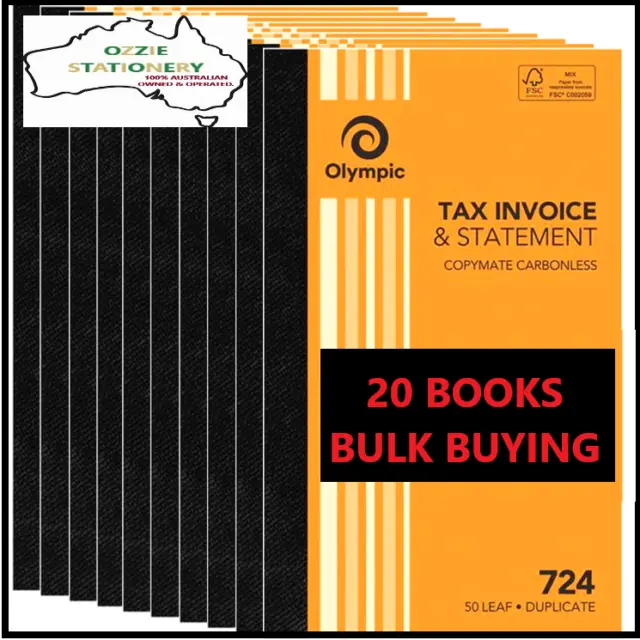 NEW 20x Olympic Tax Invoice & Statement Book 724 Carbonless 50 Leaf Duplicate
