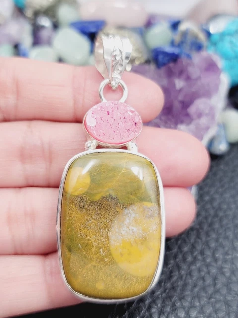 Solar Drusy Quartz "PINK" 925 Sterling Silver Pendant " Chain 20" Natural Jasper