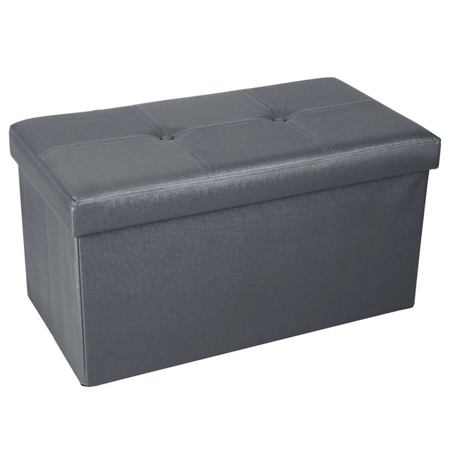 Faux Leather Double Folding Storage Ottoman Metallic Pewter