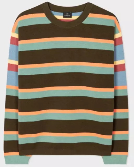 PAUL SMITH Mens Green Striped Sweater Crew Neck Cotton Jumper Size Medium NEW