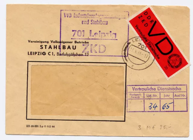 Brief 1965 Dienstm. D ZKD vertraul. Dienstsache Mi. 3y OST 701 Leipzig n.Plauen
