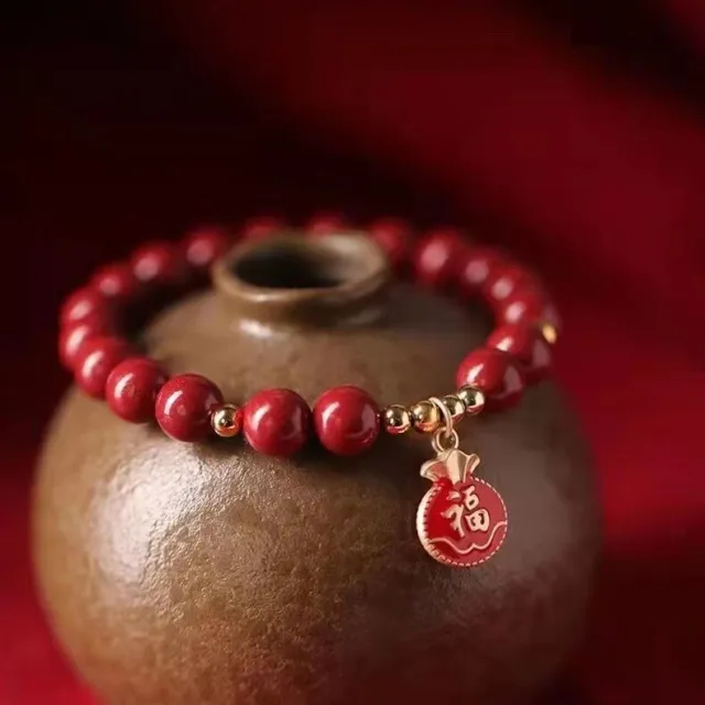 Cinnabar Lucky Bracelet Men Bead Beaded Natural Stone Vintage Amulet Jewelry