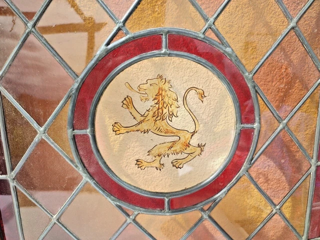 30" Pair French Antique Architectural Wood Walnut Panel Stained Glass Door Lion 3