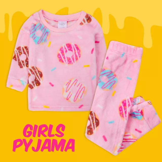 Kids Girls Donut Pyjamas Pink 2-Piece Energy Saving Pyjama Set PJ's 2-13 Years