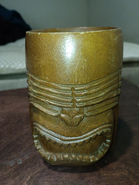 Vintage Polynesian Monkey Pod Wood Carved Hawaiian Tiki Mug