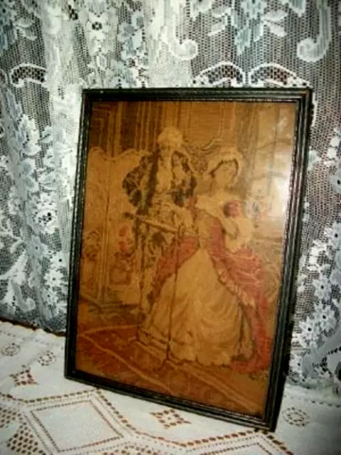 1920s FRAMED FRENCH TAPESTRY ROMANTIC COUPLE PARLOUR PERIOD FRAME OLD COLORS