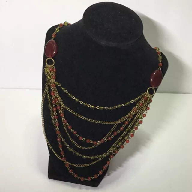Avon Beaded/Chains Adjustable Necklace Dark Red/Green Bronze