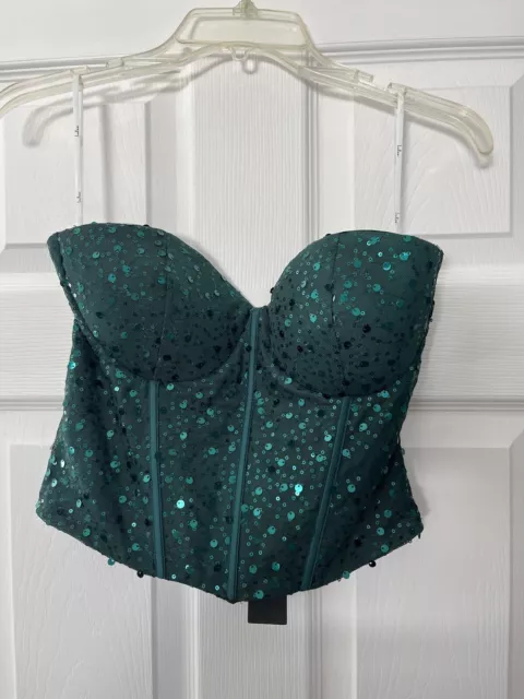 NWT Lulus Sultry Radiance Emerald Green Sequin Strapless Bustier Crop Top - L 2